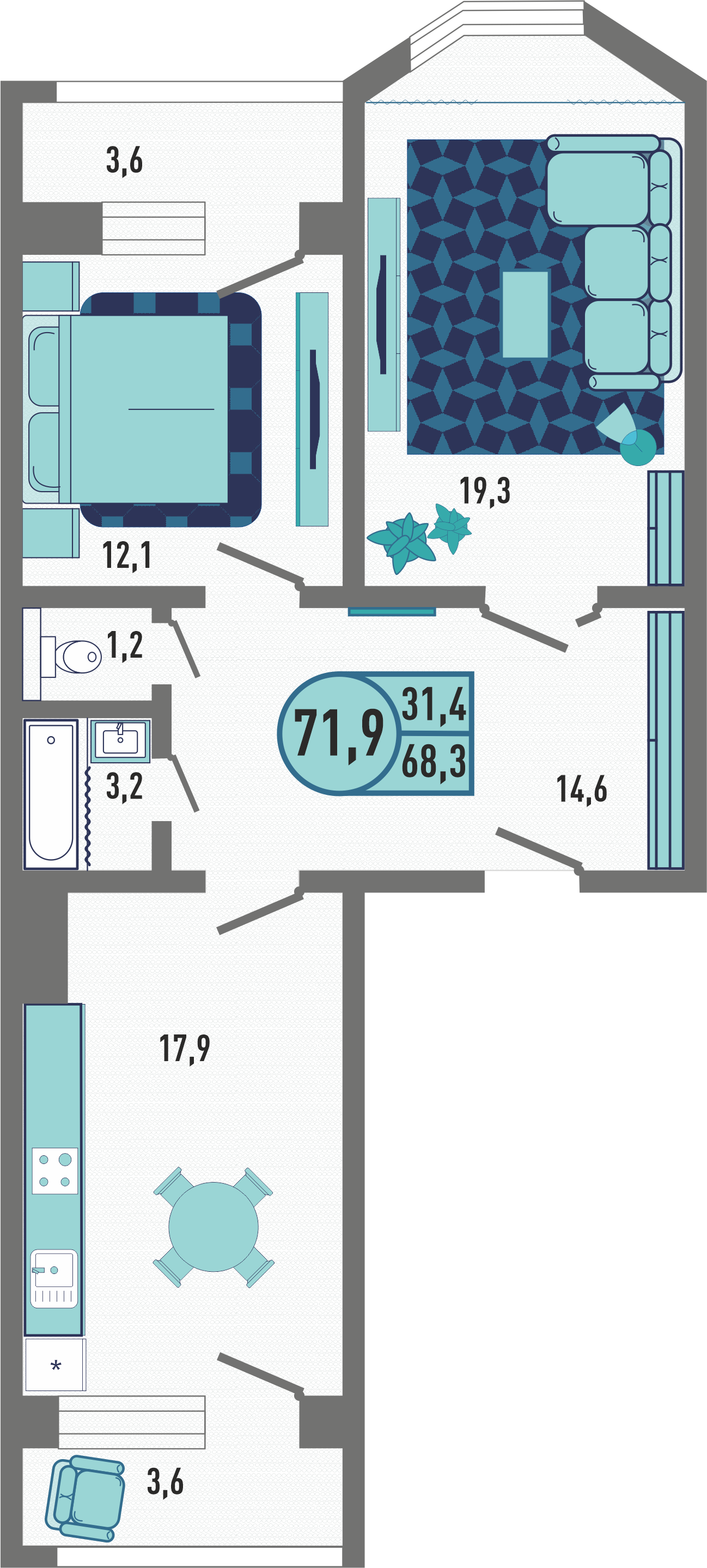 2-комнатная квартира 71.9 м2 – планировка с площадями и расположением мебели
