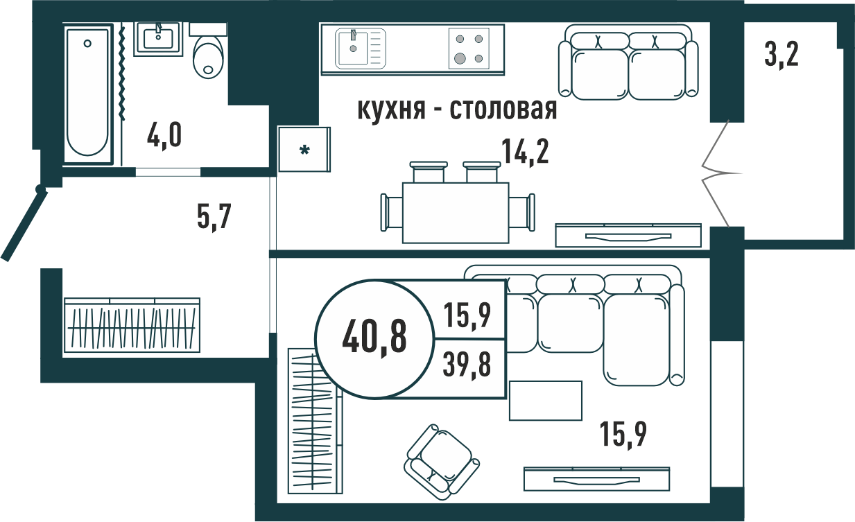 1-комнатная квартира 40.8 м2 – планировка с площадями и расположением мебели