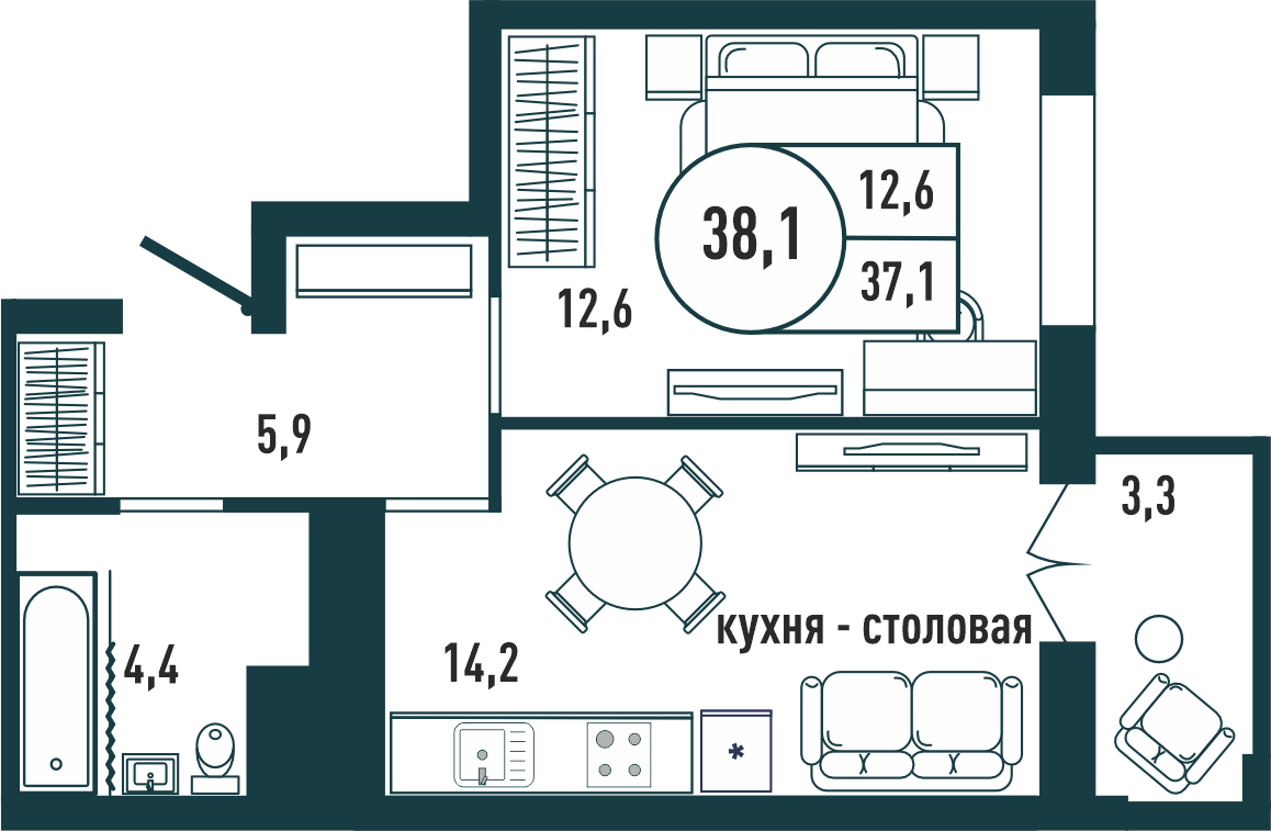1-комнатная квартира 38.1 м2 – планировка с площадями и расположением мебели